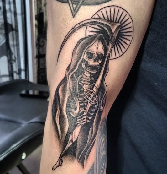 Medium Black and Grey Santa Muerte with Scythe and Sun Tattoo on Men Arm by @space.lace.tattoo