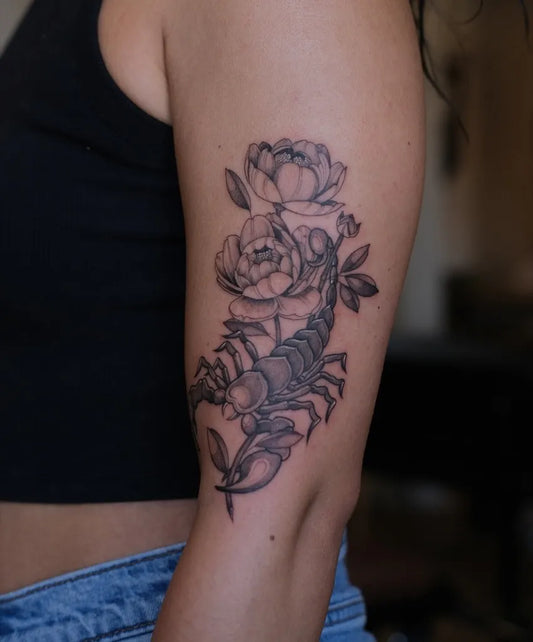 Medium Black and Grey Scorpion and Peonies on Women Arm Tattoo by @happyyoureheretattoo