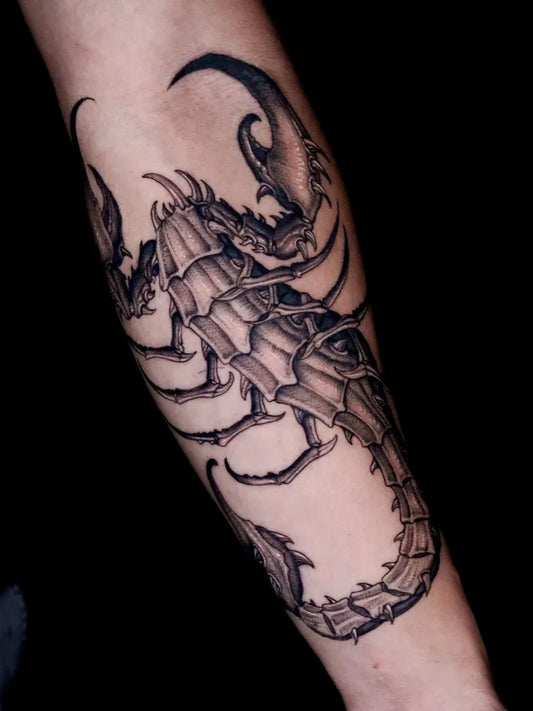 Medium Black and Grey Scorpion on Men Arm Tattoo by @jamesbtattoo