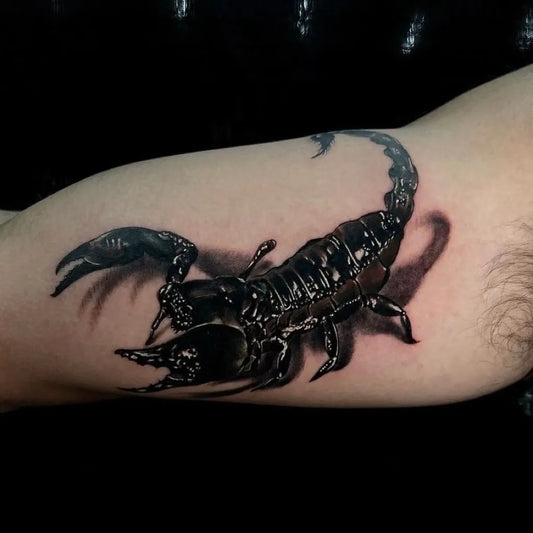 Medium Black and Grey Scorpion on Men Arm Tattoo by @pablo_moreno_tattooss