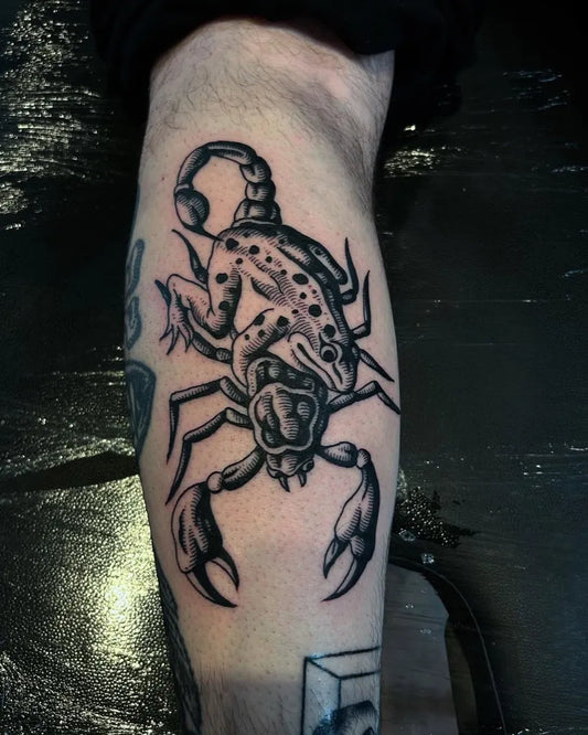 Medium Black and Grey Scorpion on Men Leg Tattoo by @davide.mancini