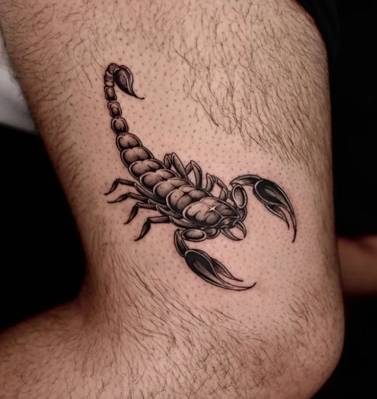 Medium Black and Grey Scorpion on Men Leg Tattoo by @ts.kanatattoo