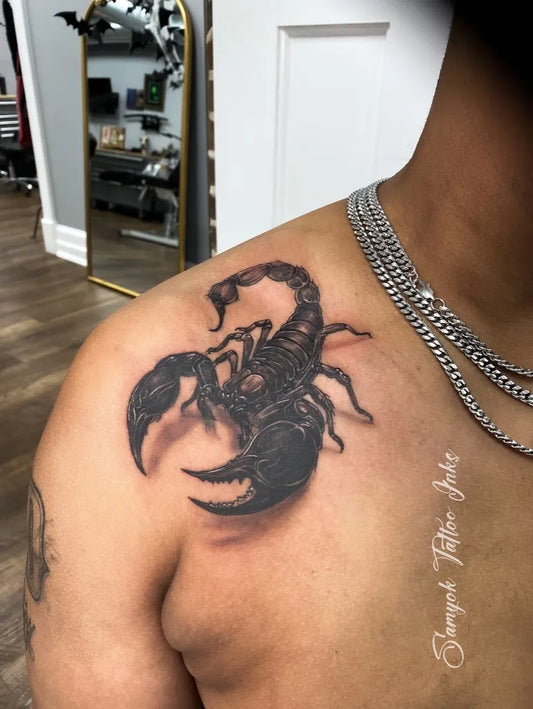 Medium Black and Grey Scorpion on Men Shoulder Tattoo by @samyok_tattoo_inks