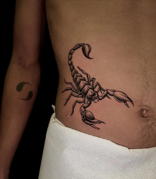 Medium Black and Grey Scorpion on Men Torso Tattoo by @kaizentattoos