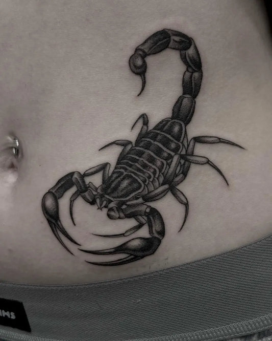 Medium Black and Grey Scorpion on Women Abdomen Tattoo by @griffengurzi