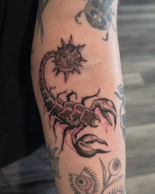 Medium Black and Grey Scorpion on Women Arm Tattoo by @beelzebubbers