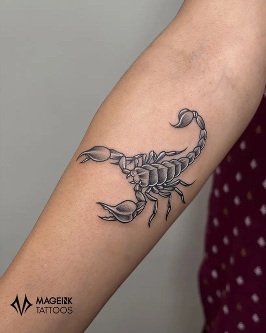 Medium Black and Grey Scorpion on Women Arm Tattoo by @mageinktattoos