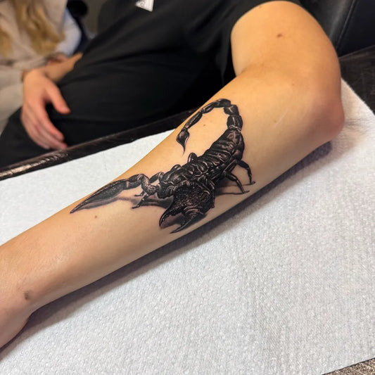 Medium Black and Grey Scorpion on Women Arm Tattoo by @mateo_tattoos