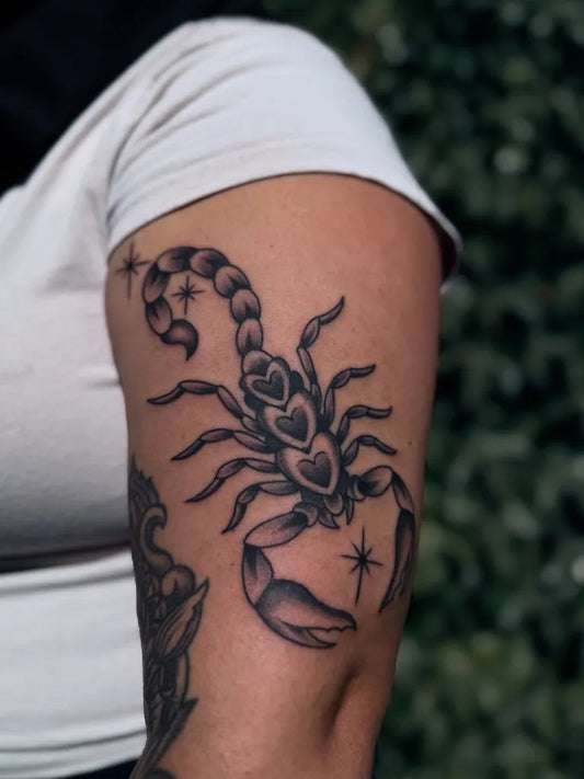 Medium Black and Grey Scorpion with Hearts and Stars on Women Arm Tattoo by @flawless_ink805