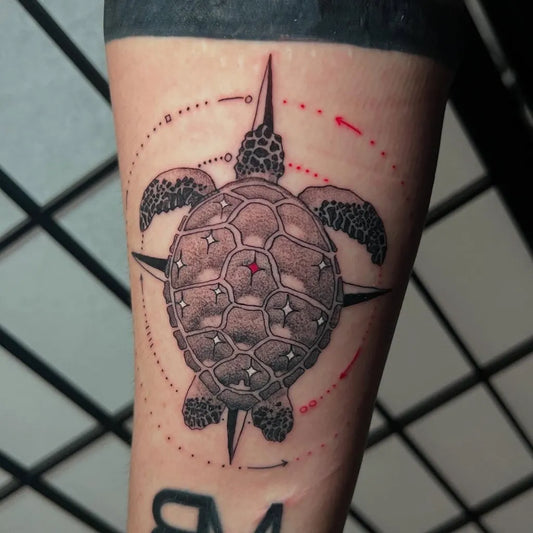 Medium Black and Grey Sea Turtle Compass Tattoo on Men Arm by @bendecida_tattoos