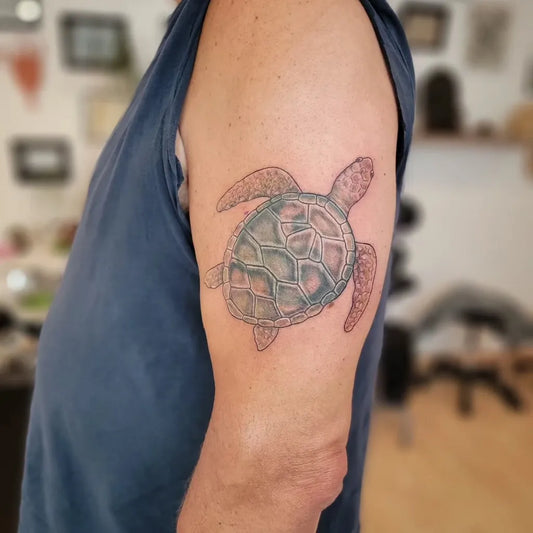 Medium Black and Grey Sea Turtle Tattoo on Men Arm by @kim_kress_tattoo