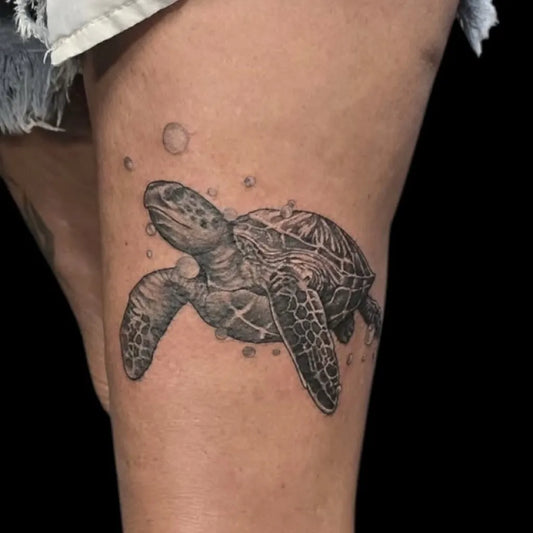 Medium Black and Grey Sea Turtle Tattoo on Women Thigh by @ghosttown912