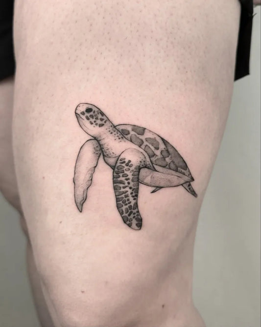 Medium Black and Grey Sea Turtle Tattoo on Women Thigh by @js0n144