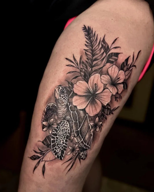 Medium Black and Grey Sea Turtle and Hibiscus Tattoo on Women Thigh by @tattoo_by_jeff