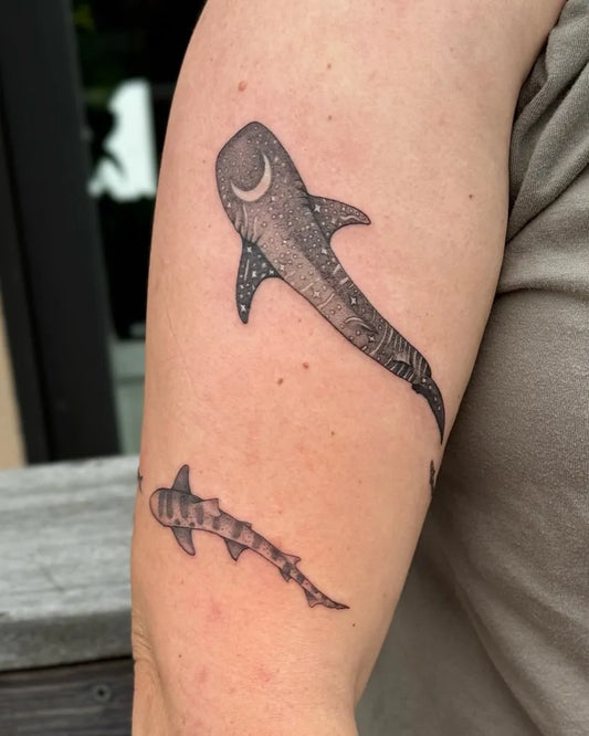 Medium Black and Grey Shark and Baby Shark on Women Arm Tattoo by @hitzink