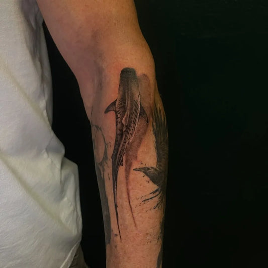 Medium Black and Grey Shark and Bird on Men Arm Tattoo by @stabbedbyshrimp
