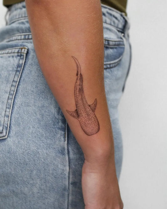 Medium Black and Grey Shark on Women Arm Tattoo by @kyla_rose_tattoo