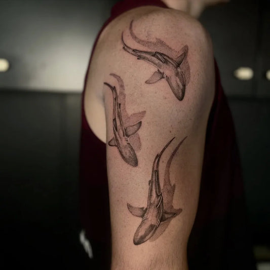 Medium Black and Grey Sharks on Men Shoulder Tattoo by @chaos.tinta