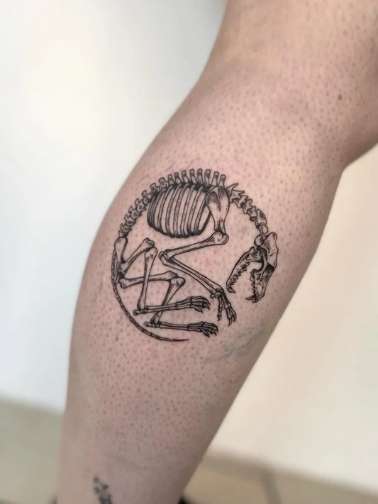 Medium Black and Grey Skeleton Dog Tattoo on Men Leg by @inked_by_alice