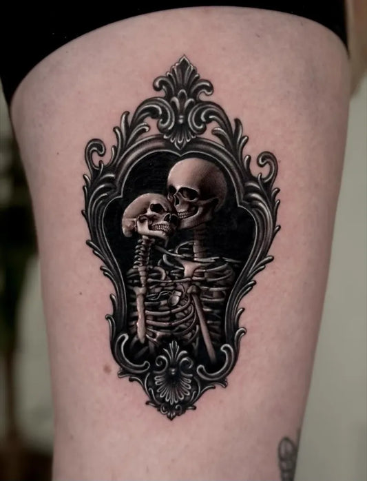 Medium Black and Grey Skeleton Frame Tattoo on Women Thigh by @j0ylland