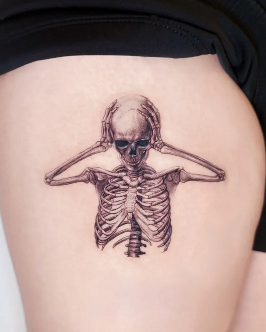 Medium Black and Grey Skeleton Headache Tattoo on Women Thigh by @baronart_lucy