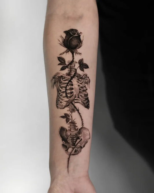 Medium Black and Grey Skeleton Rose Tattoo on Women Arm by @inker_land