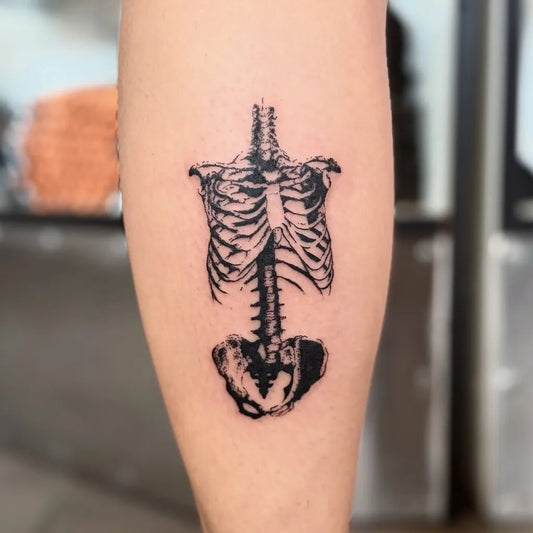 Medium Black and Grey Skeleton Tattoo on Women Leg by @moonbatart_