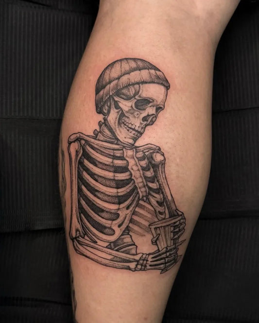 Medium Black and Grey Skeleton with Beanie Tattoo on Men Leg by @skullcult