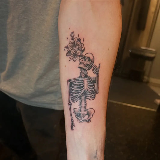 Medium Black and Grey Skeleton with Flowers Tattoo on Men Arm by @verydopeart