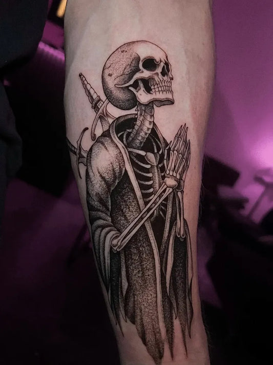 Medium Black and Grey Skeleton with Sword and Praying Hands Tattoo on Men Arm by @zakriisign