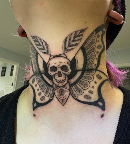 Medium Black and Grey Skull Moth Tattoo on Women Throat by @art.by.jakup