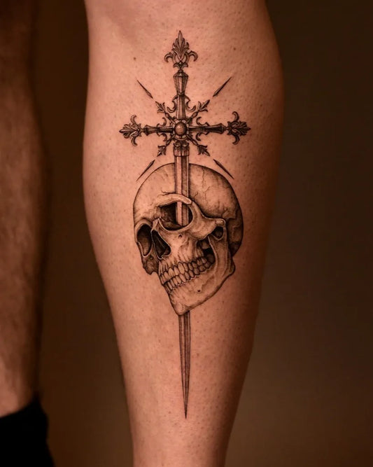 Medium Black and Grey Skull Sword Cross on Men Leg Tattoo by @amila.ink