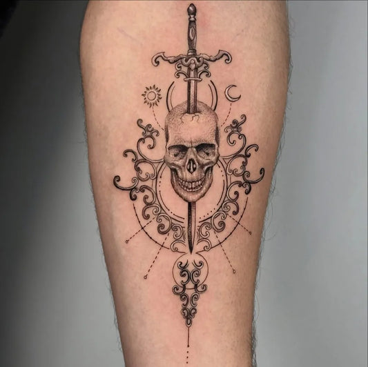 Medium Black and Grey Skull and Sword on Men Arm Tattoo by @ink_khan
