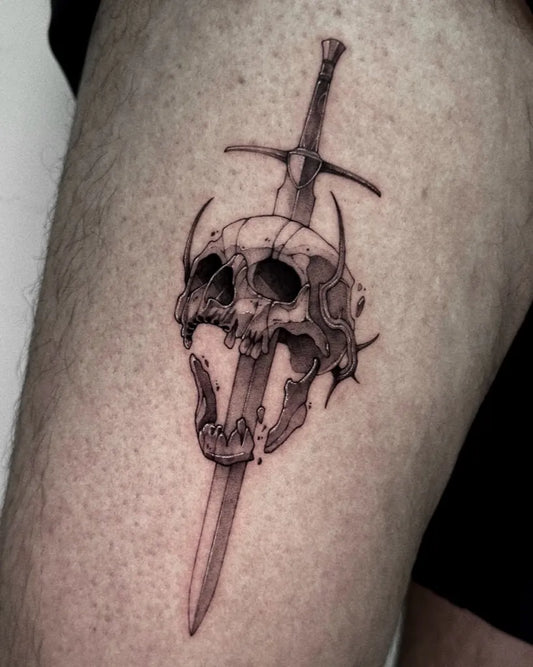Medium Black and Grey Skull and Sword on Men Thigh Tattoo by @nuffink_