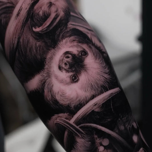 Medium Black and Grey Sloth Animal Tattoo on Men Arm by @kiyoharu_tattooer