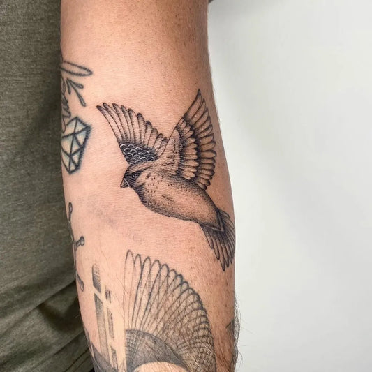Medium Black and Grey Sparrow Tattoo on Men Arm by @maayan.tatt