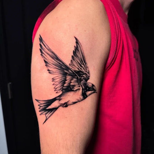 Medium Black and Grey Sparrow Tattoo on Men Arm by @noottattoo