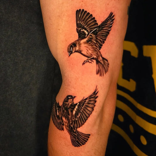 Medium Black and Grey Sparrow Tattoo on Men Arm by @tattoos.by.jude