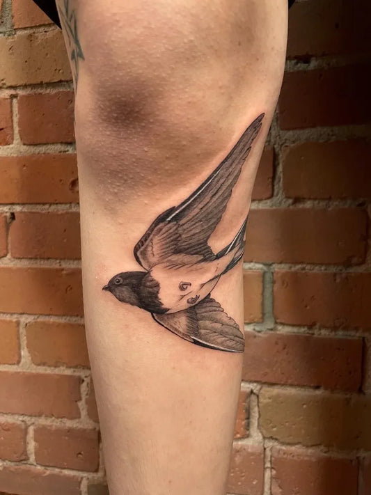 Medium Black and Grey Sparrow Tattoo on Women Thigh by @tattoosbyabbeysmith