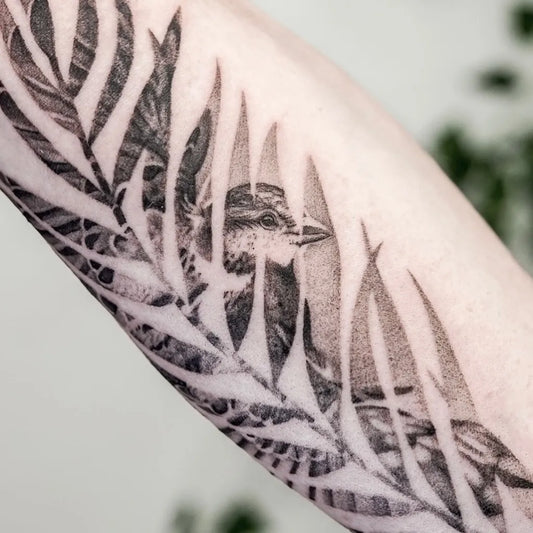 Medium Black and Grey Sparrow and Fern Tattoo on Women Arm by @whitewasptattoo