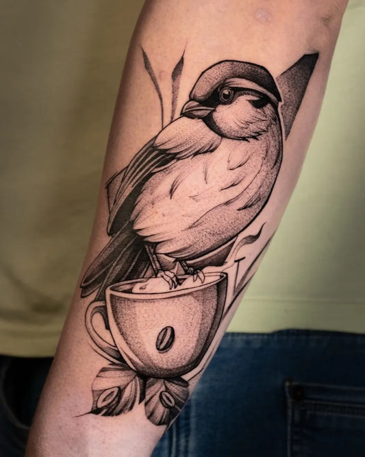 Medium Black and Grey Sparrow with Coffee Cup Tattoo on Men Arm by @serektattoo