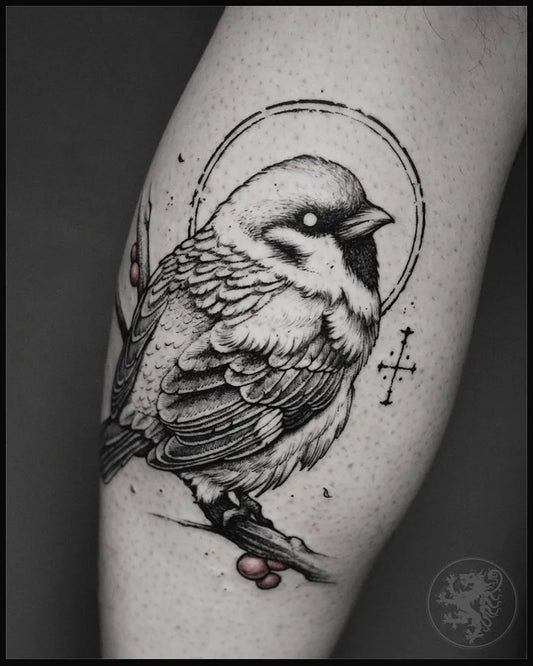 Medium Black and Grey Sparrow with Halo and Cross Tattoo on Men Arm by @jacob_tattoo