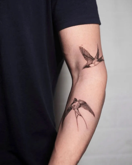 Medium Black and Grey Sparrows Tattoo on Men Arm by @angel_inkylic