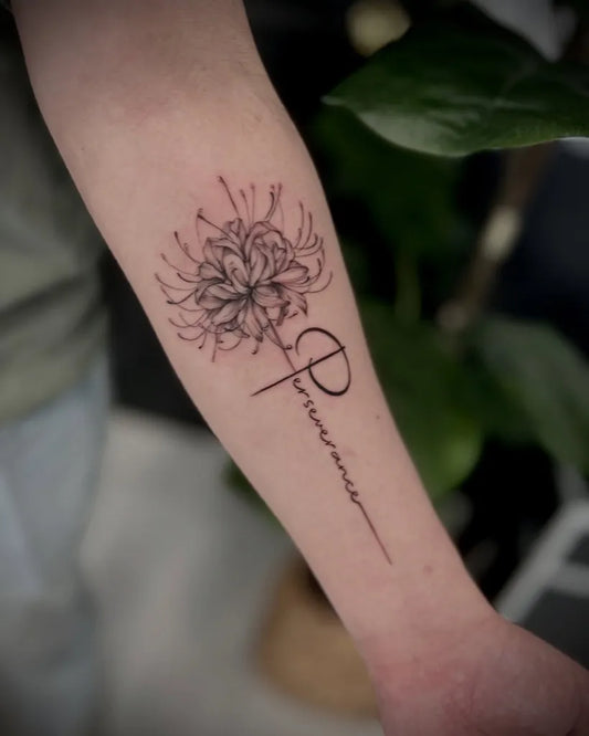 Medium Black and Grey Spider Lily Lettering Tattoo on Women Arm by @winniec_tattoos