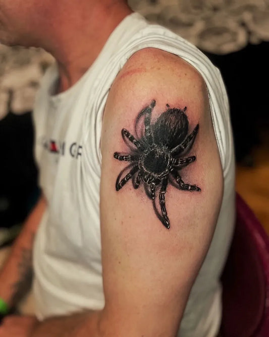 Medium Black and Grey Spider on Men Arm Tattoo by @gontaoleg