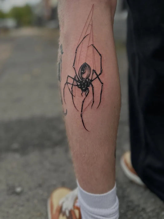 Medium Black and Grey Spider on Men Leg Tattoo by @pencilme_in