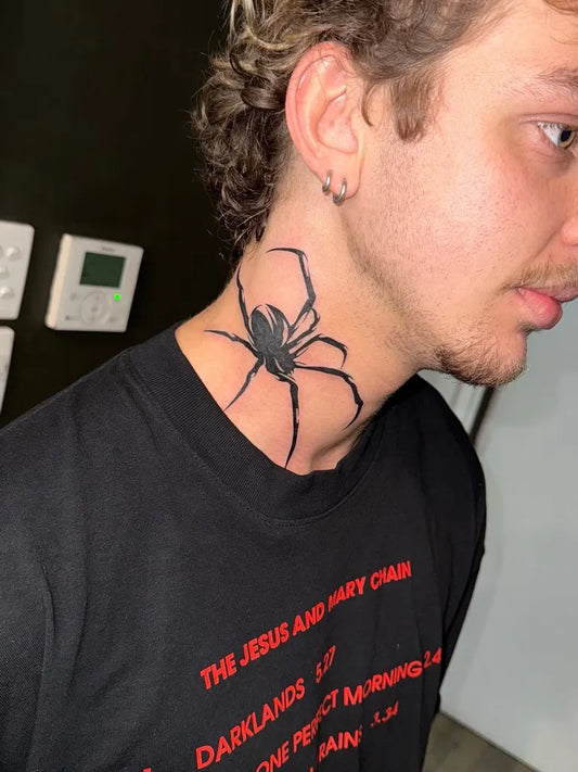 Medium Black and Grey Spider on Men Neck Tattoo by @zerokid_tattoo