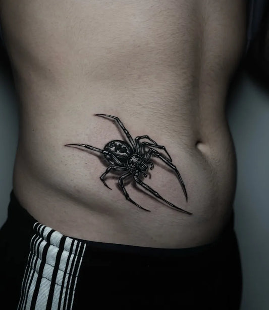 Medium Black and Grey Spider on Men Stomach Tattoo by @aytugtattoo.izmir