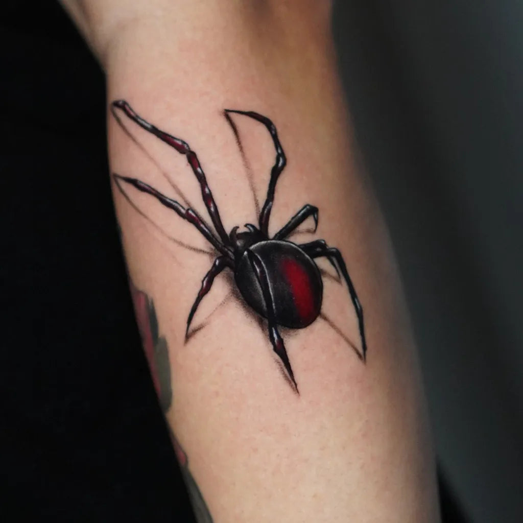 Medium Black and Grey Spider on Women Forearm Tattoo by @inkgatu_