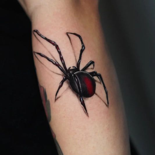 Medium Black and Grey Spider on Women Forearm Tattoo by @inkgatu_